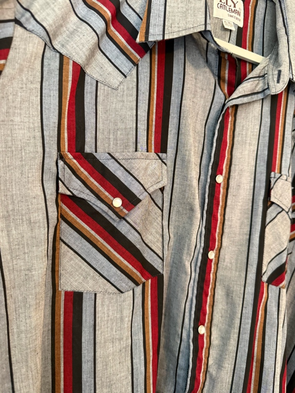 ELY Cattleman Western Shirt Men XL Tall Pearl Snap Striped Gray Red Vintage - Picture 6 of 14
